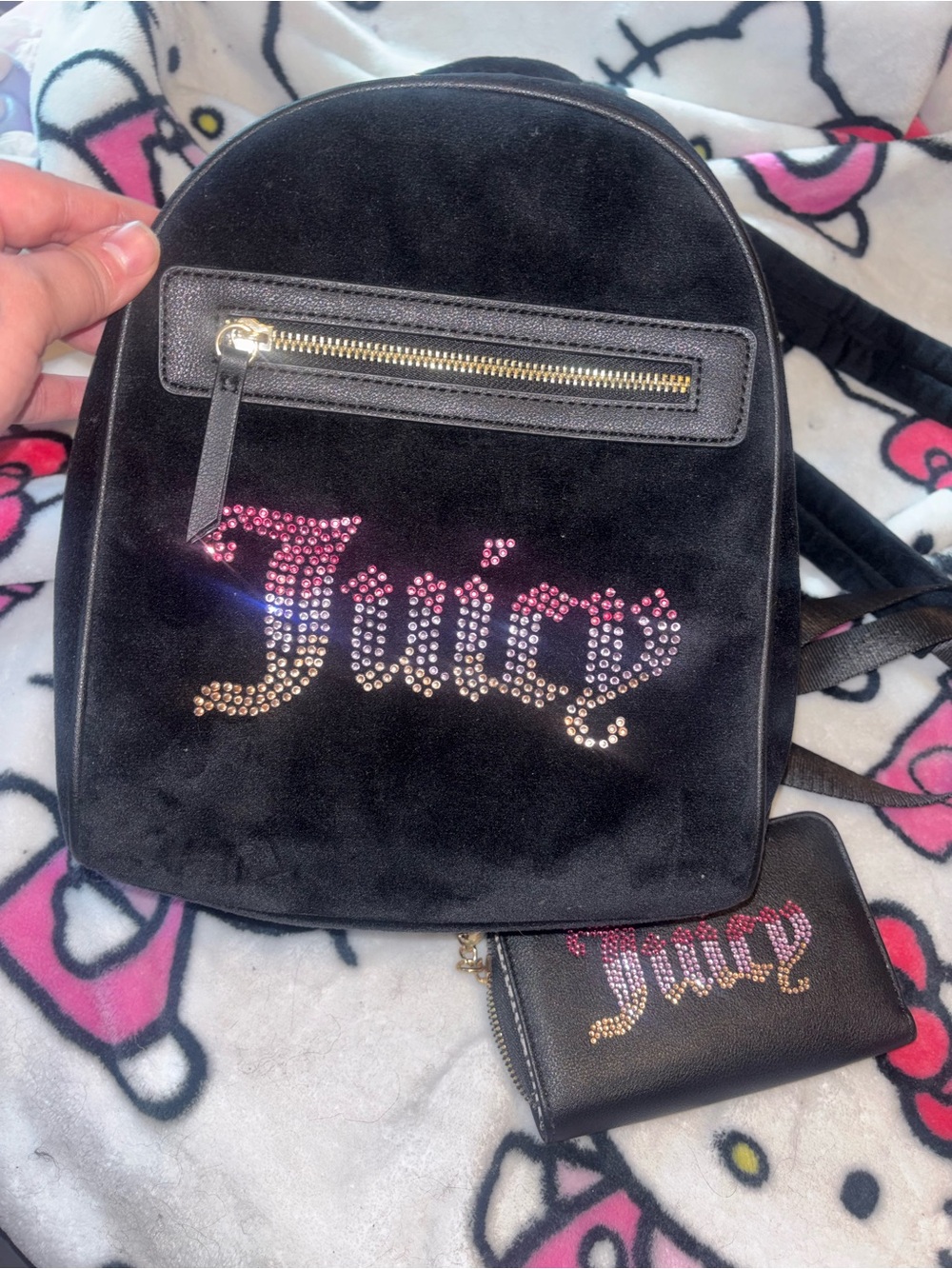 Juicy Couture Black Velvet Backpack with Pink/Gold Rhinestone 'Juicy'
